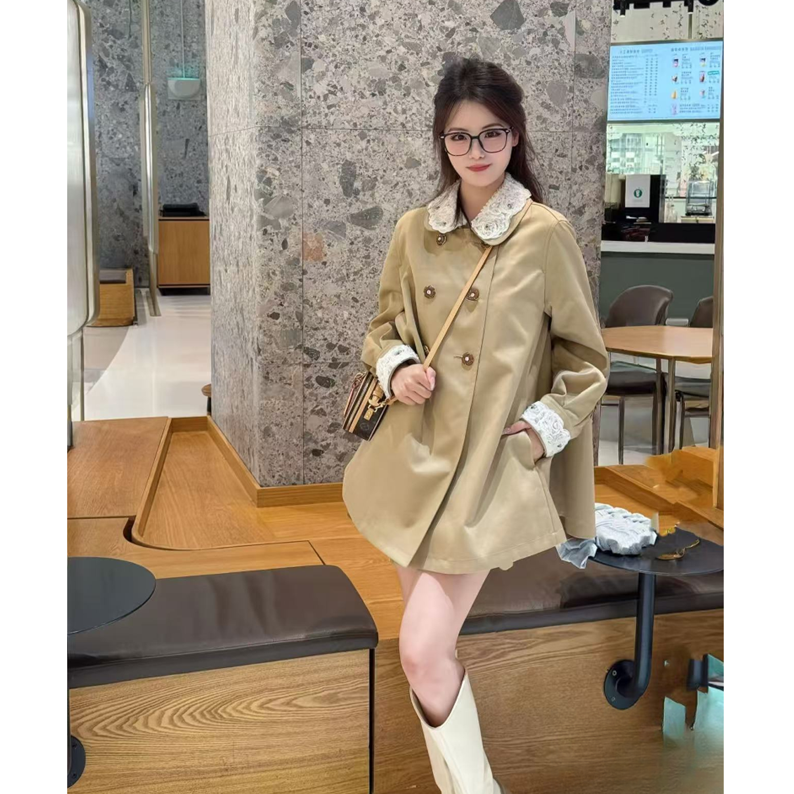 风衣外套女2025秋季新款重工蕾丝娃娃领韩系甜美中长款卡其色大衣