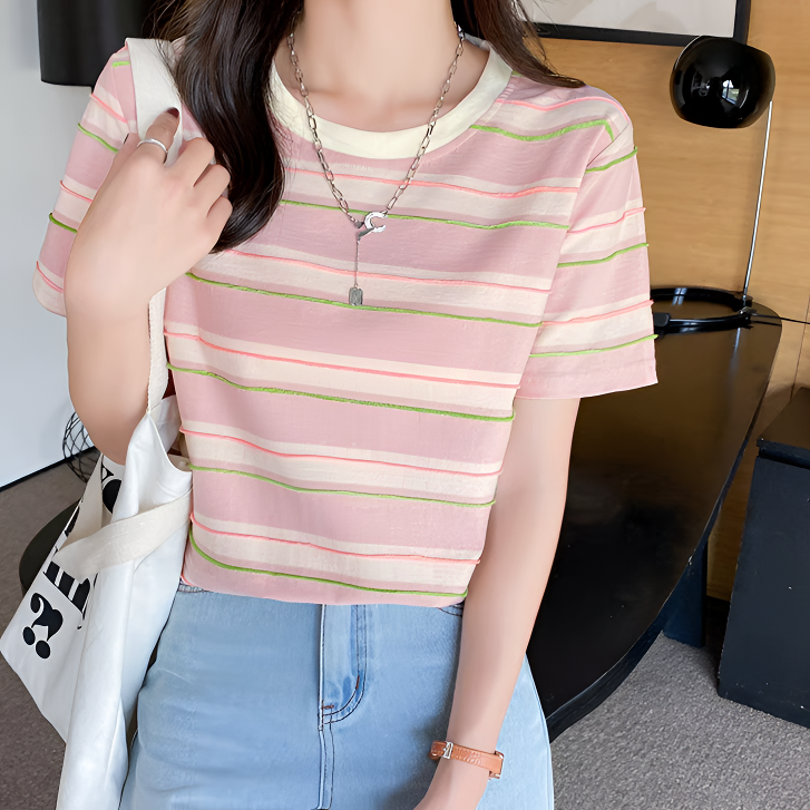 【提花条纹】短袖T恤女夏季百搭圆领半袖宽松显瘦时尚休闲洋气上衣