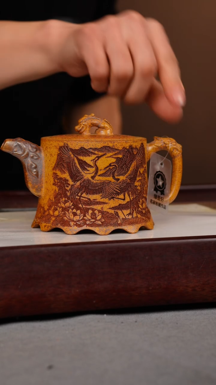 【闪购商品】紫砂茶壶龙骨金砂 仙鹤金钟 刻绘