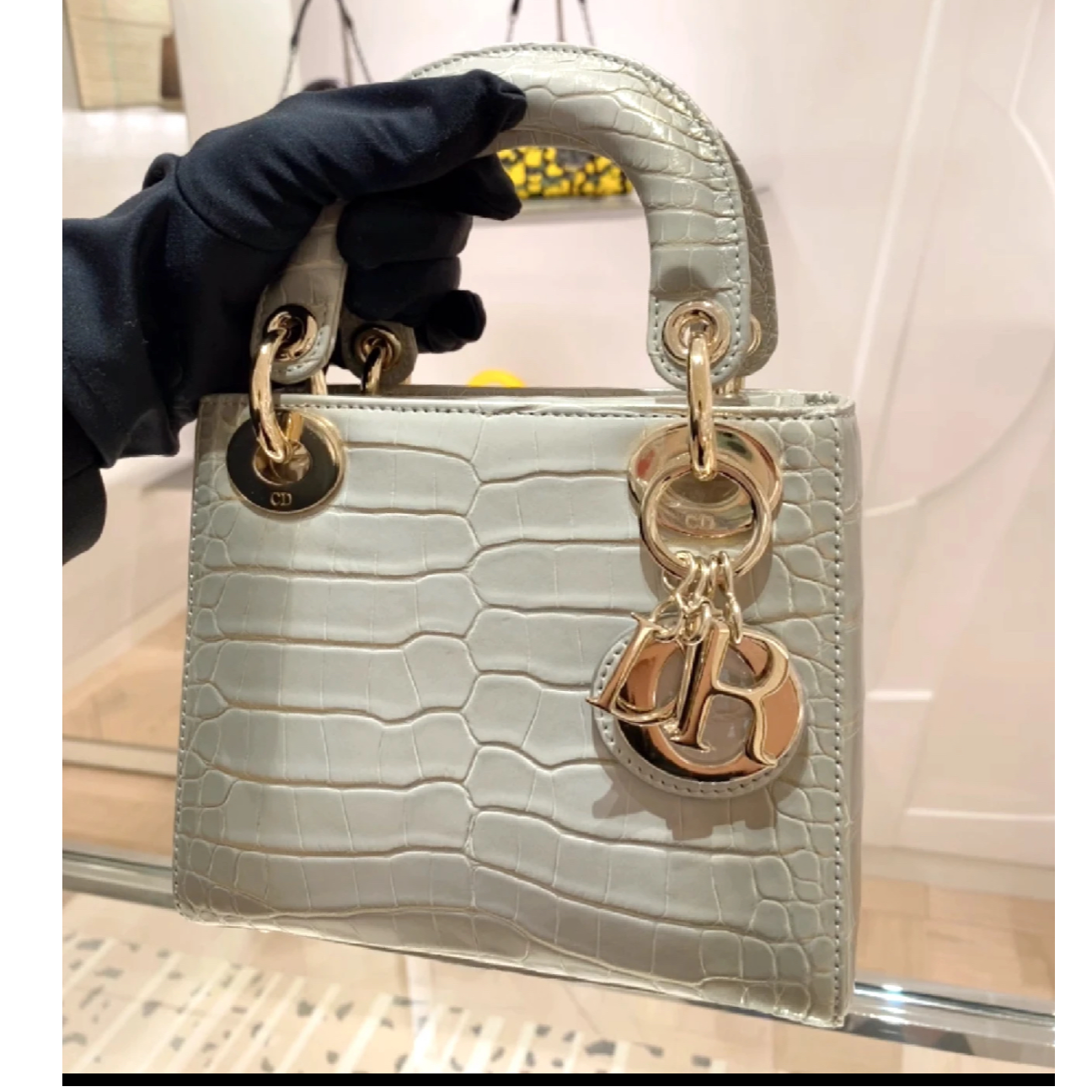 99新 DIOR/迪奥 小花JerryLady Dior 戴妃包 三格 绿色 鳄鱼皮