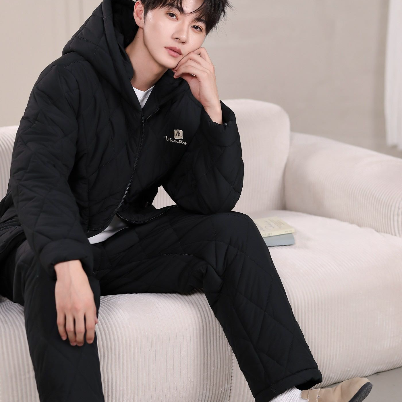 【0310安-M】男三防面料冬季保暖加绒长裤睡衣宽松运动休闲轻薄羽绒