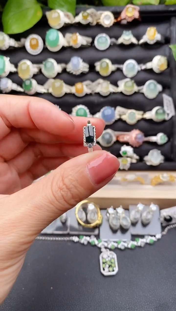 【闪购商品】翡翠戒指银S925镶嵌缅甸天然A货翡翠33  3-4