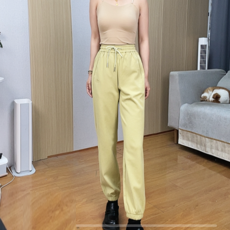 新款口袋固色休闲裤高腰时尚拖地长裤