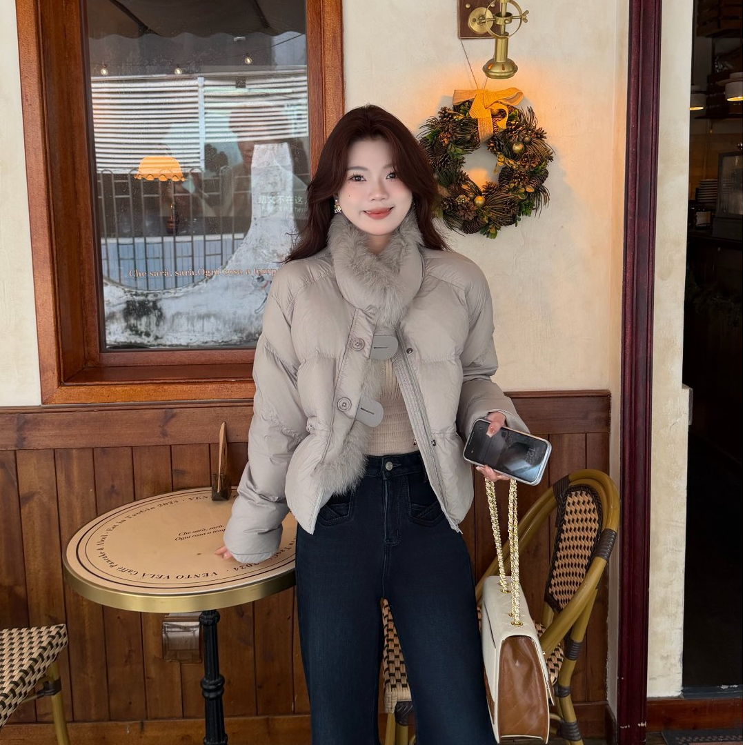 【挪威冬日】秋冬高级感毛领白鸭绒羽绒服女休闲宽松保暖灰色外套