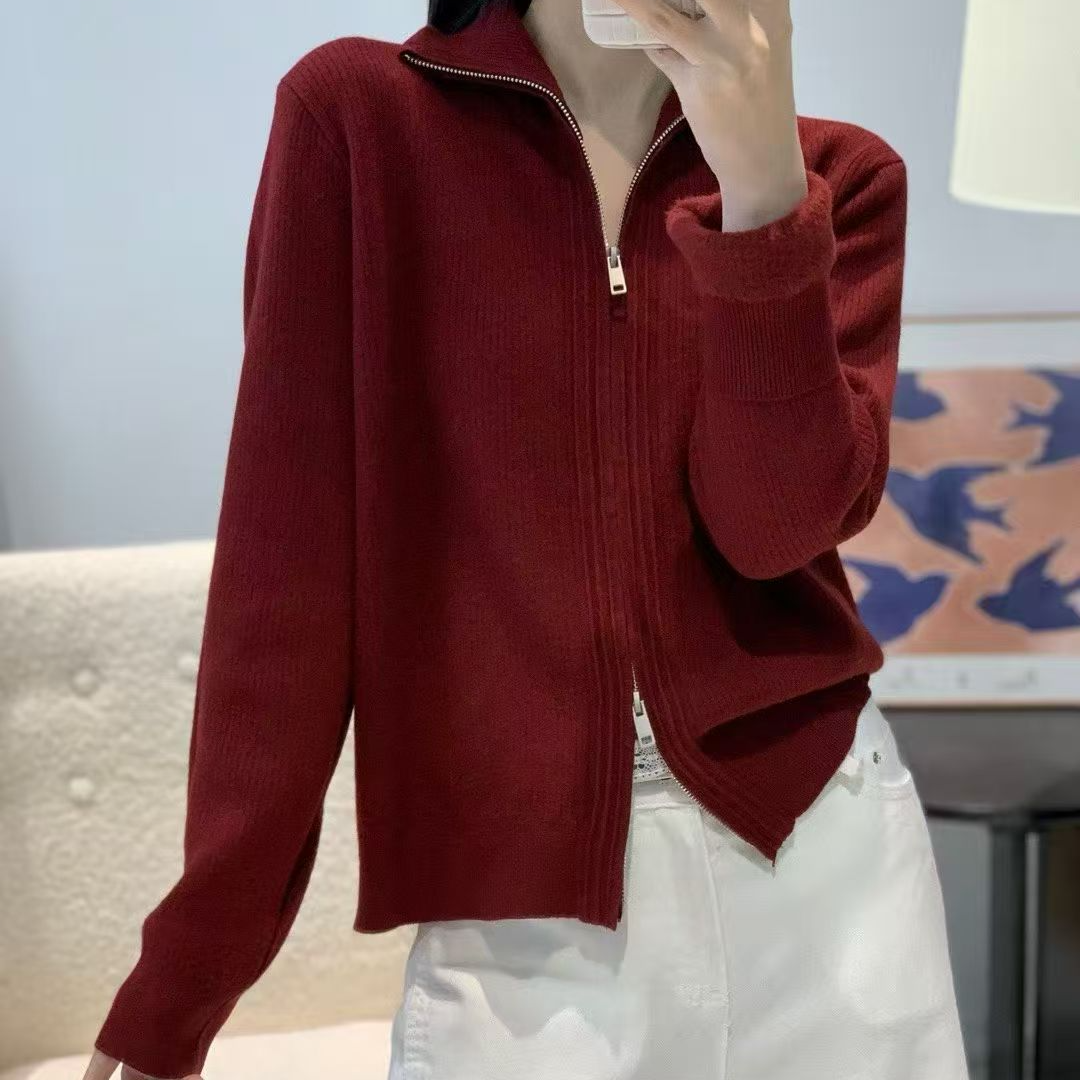 百搭时髦立领针织衫新款时尚设计双拉链外套