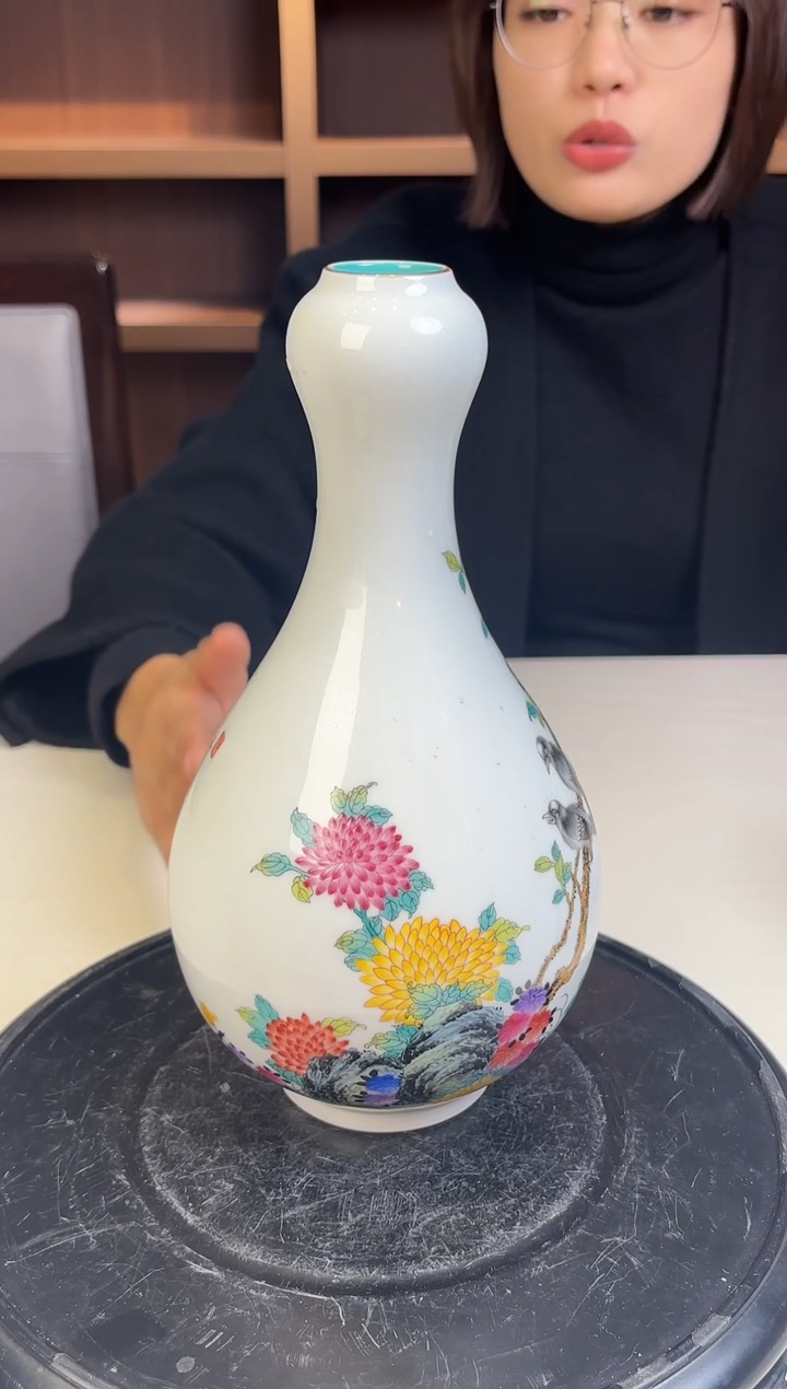 摆件陶瓷瓷立方-粉彩花鸟蒜头瓶