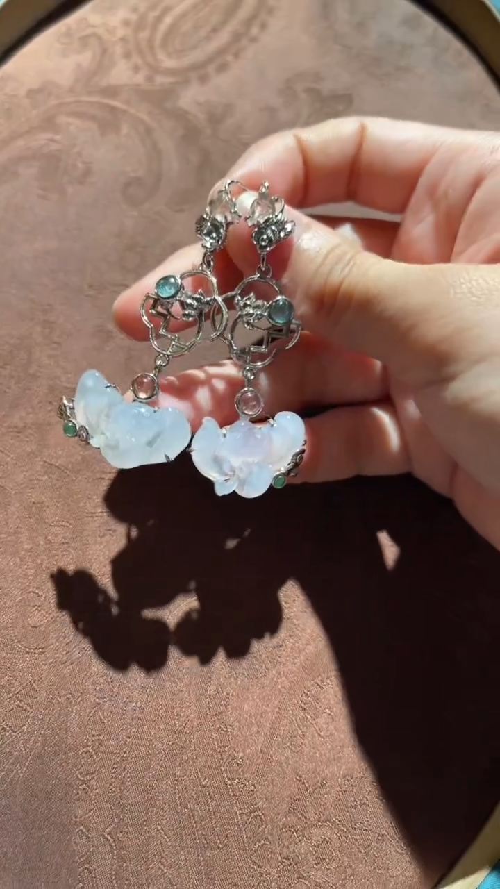 银S925镀金镶嵌翡翠耳环红翡绿翠