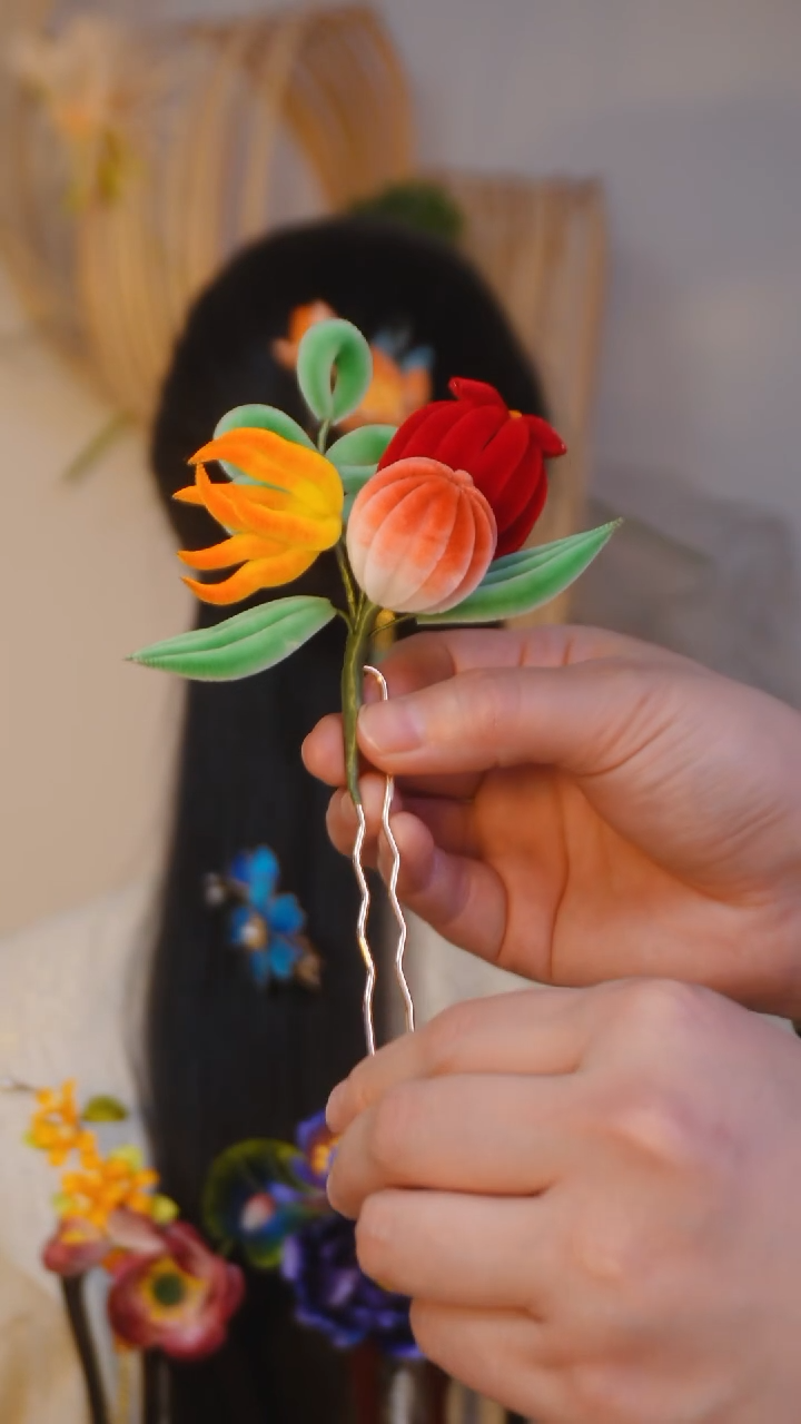 【闪购商品】木非遗桑蚕丝绒花胖绒掐丝木簪边夹日常