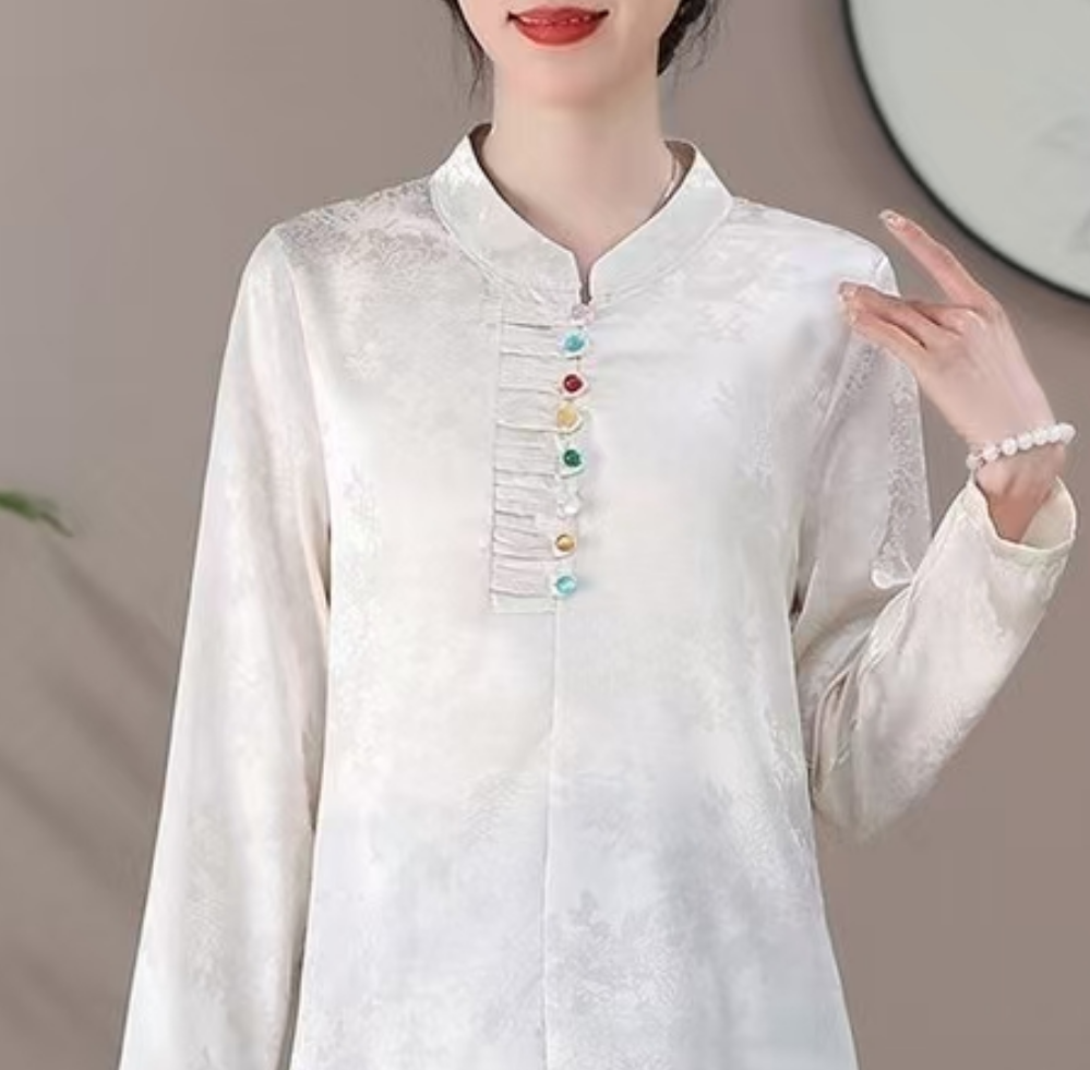 新中式七彩盘扣提花丝丝气质上衣