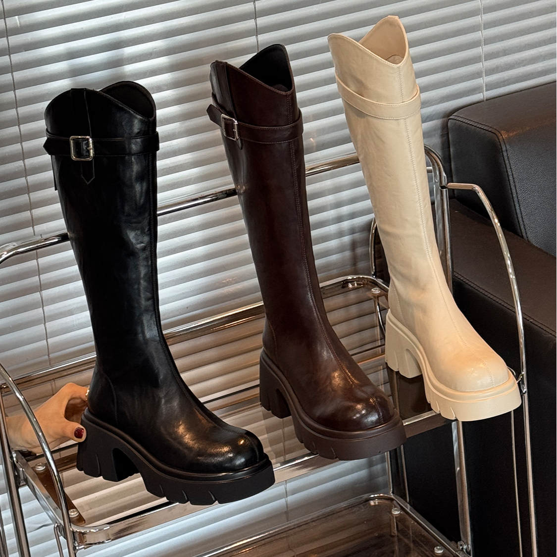 厚底7CM秋冬季新款v口长筒靴不过膝厚底增高时装靴不掉筒骑士靴