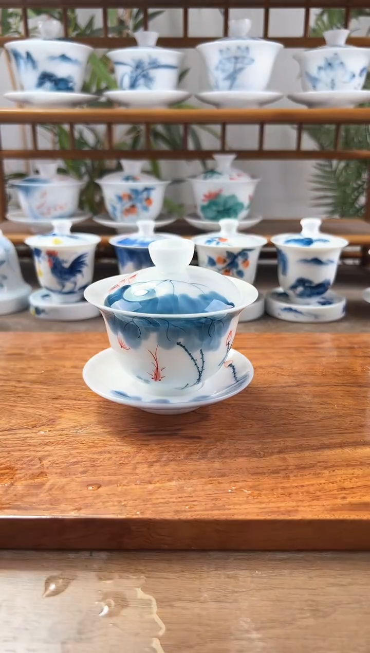 微瑕高冰线条莲150ml三才盖碗