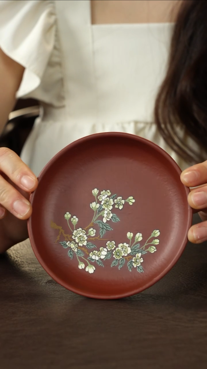 紫砂杯垫大红袍 泥绘梨花 杯垫/小壶托