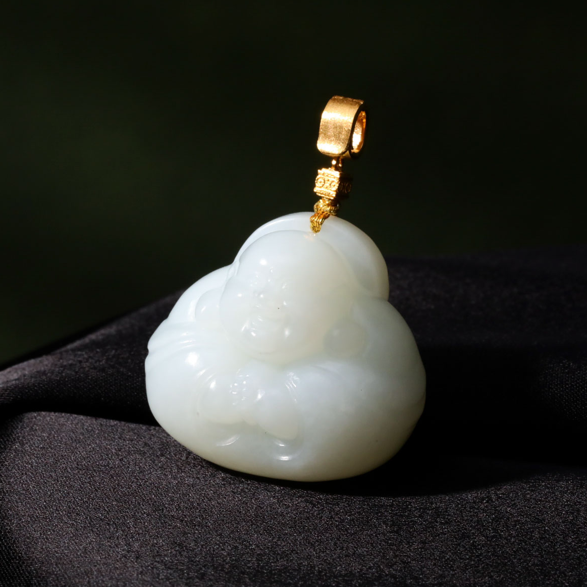 【意婵】18K金典藏级顶俄高白和田玉精雕笑脸佛吊坠（赠素绳）-912637