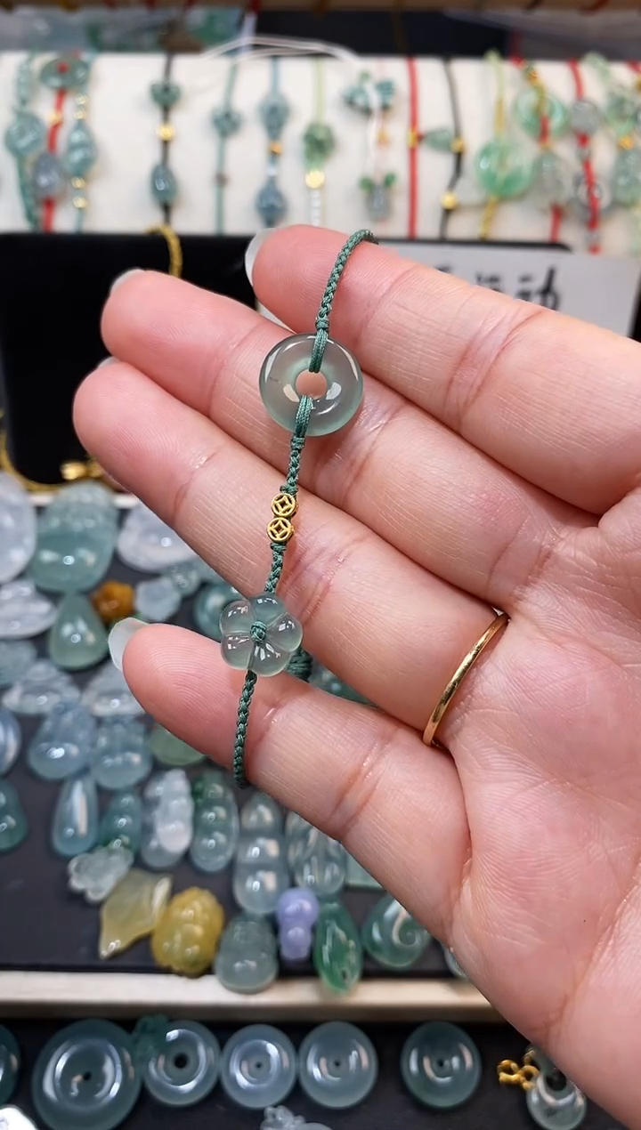 翡翠散珠银S925镶嵌甜甜圈小花手绳 手围15