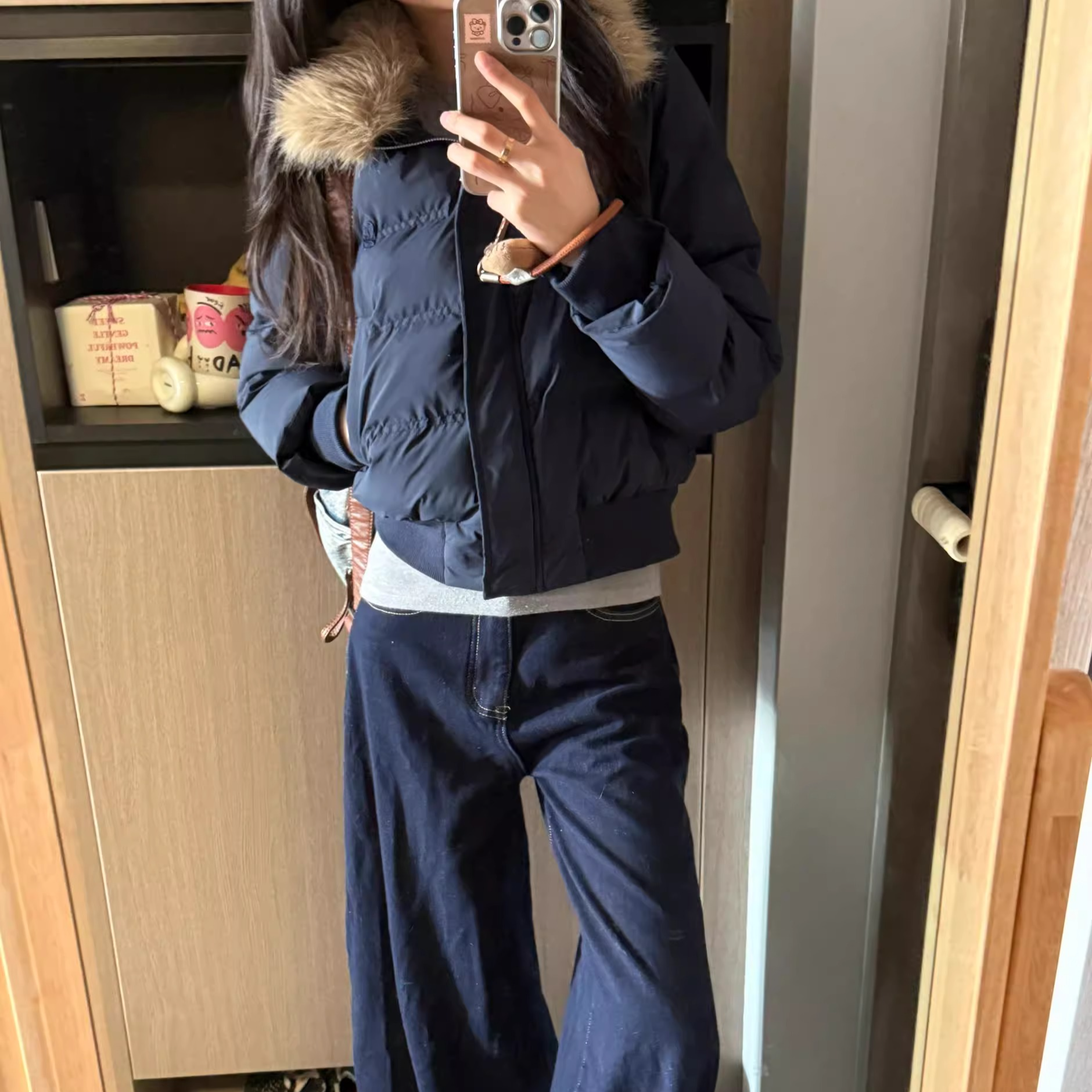 ELEVEN SLEEP冬季藏青色连帽毛领棉服女士设计感保暖加厚复古外套