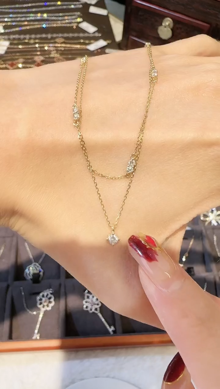 【闪购商品】钻石颈饰18K金镶嵌叠带款项链