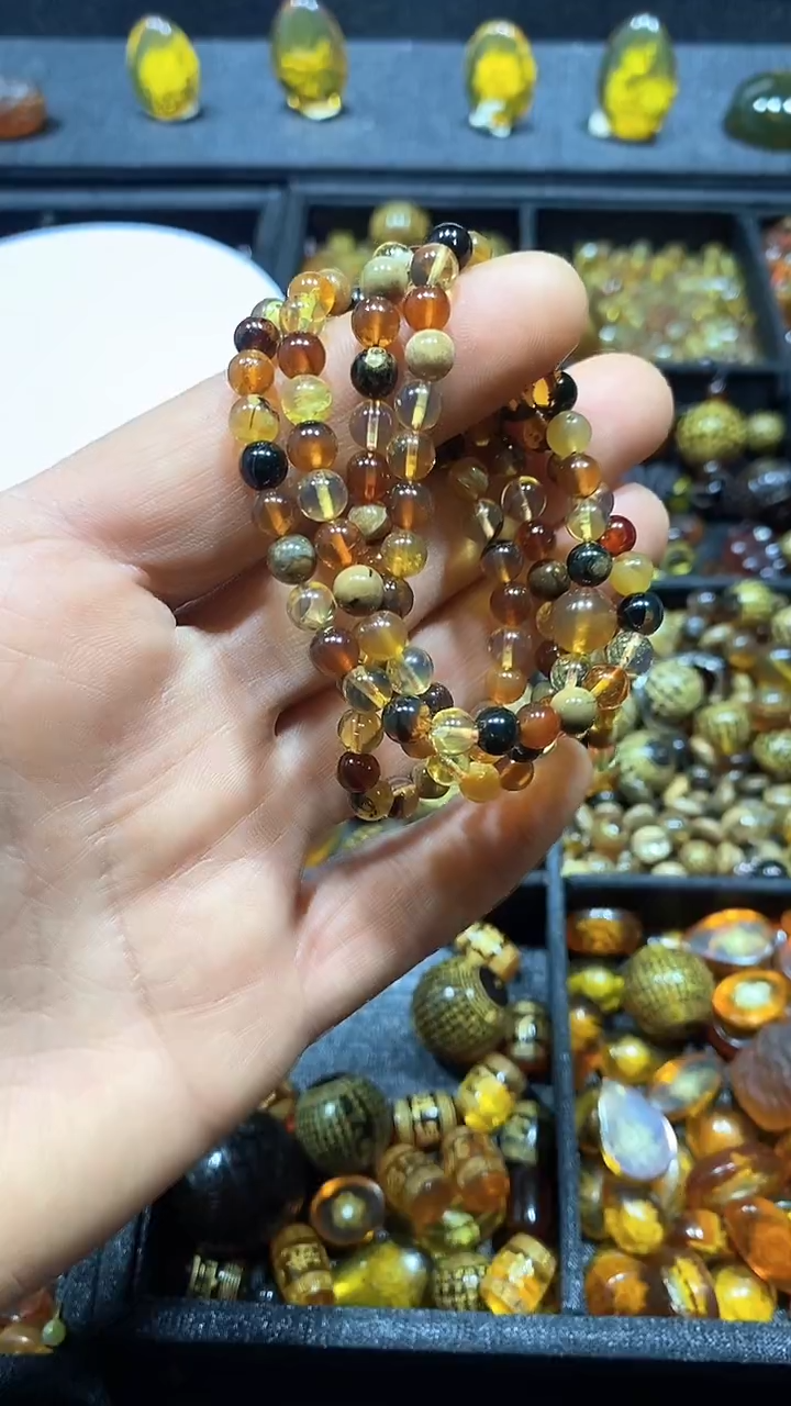 琥珀未镶嵌耳饰天然缅甸琥珀108链子