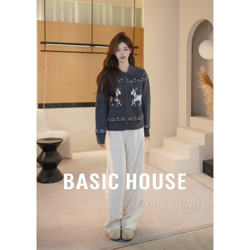 Basic House/百家好冬季新款小马印花百搭针织开衫B1195B58H12