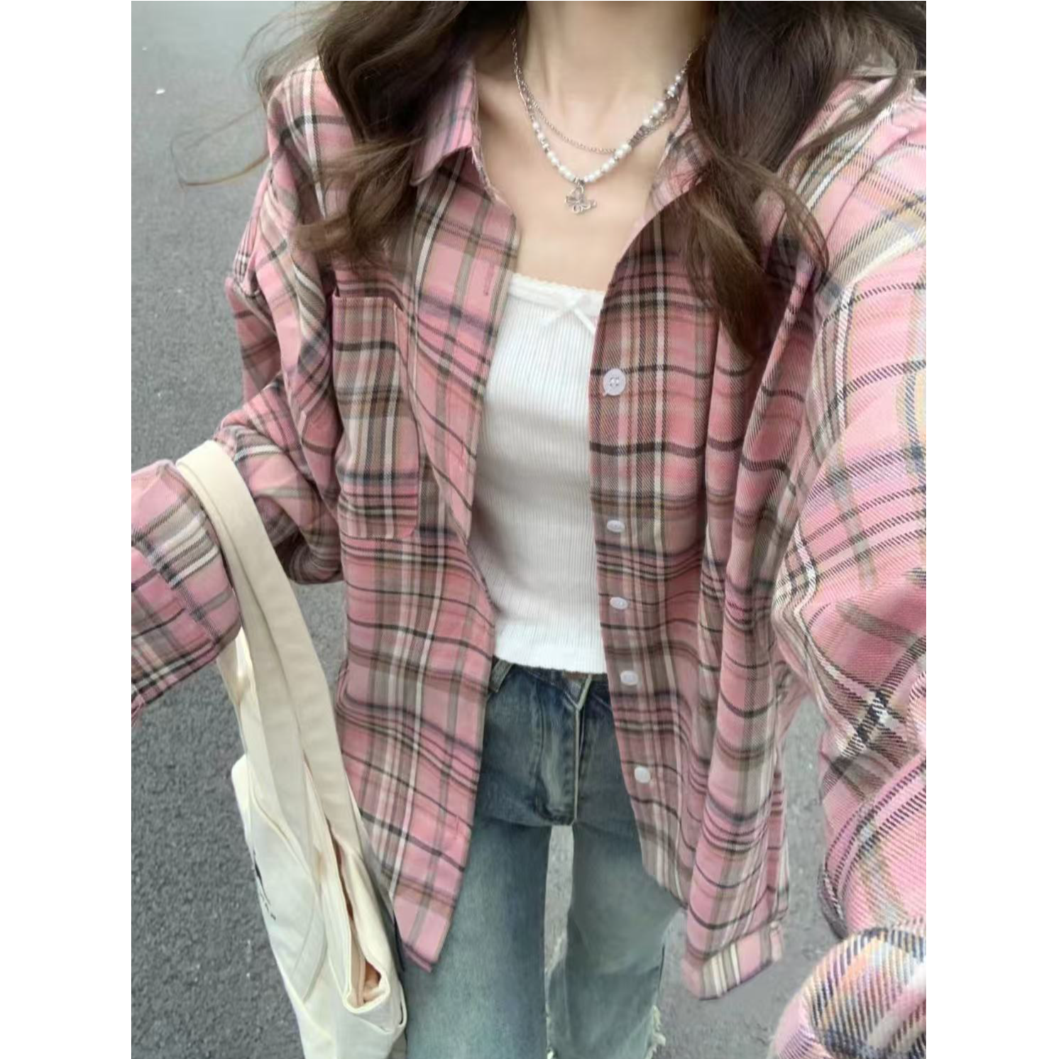 美式复古格子衬衫女春秋宽松磨毛长袖休闲衬衣复古撞色男女情侣装