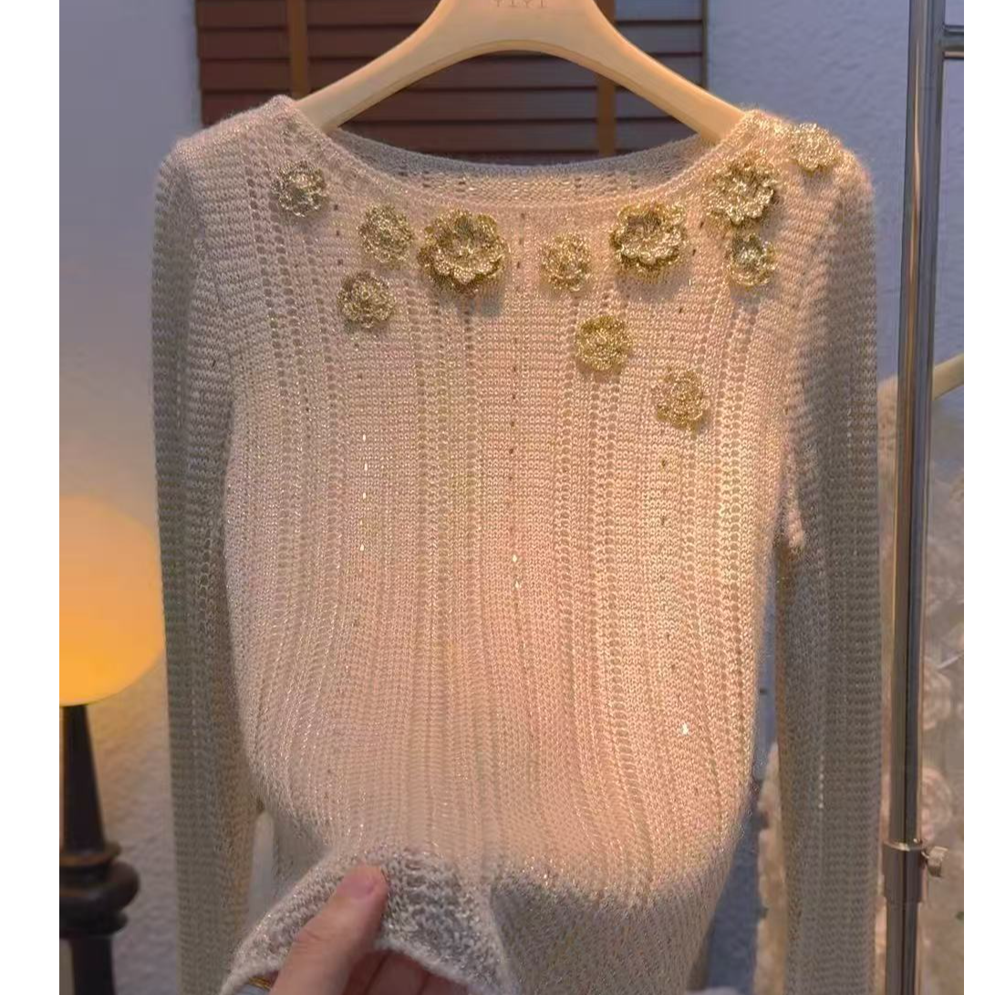 7551立体花朵大码毛针织衫镂空玫瑰提花针织衫上衣百搭秋冬时尚款