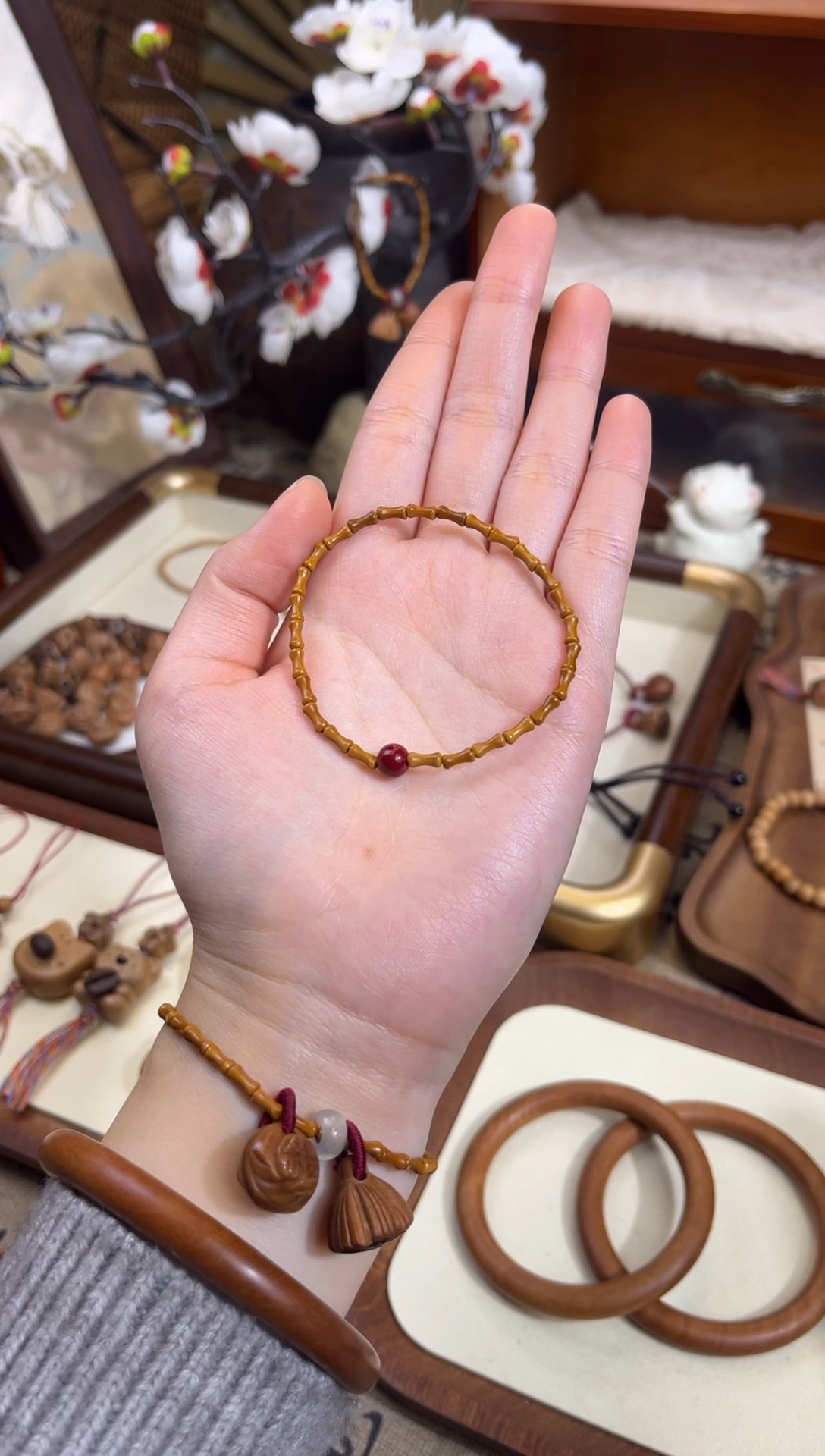 手串桃核【桃缘序】竹节「红色莎莎」桃木桃核辟、挡、驱、护 备注手围