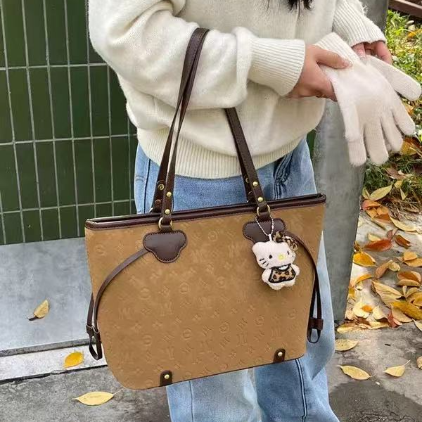 单肩卡通格子单肩包祖母格包包秋冬休闲水桶包托特包