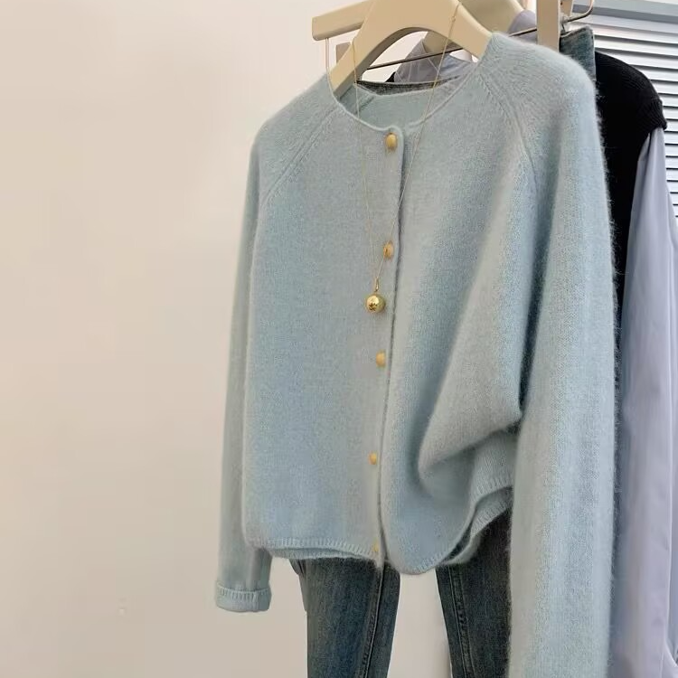 K2033 海盐慕斯/柔软亲肤 慵懒风开衫长袖蓝色上衣