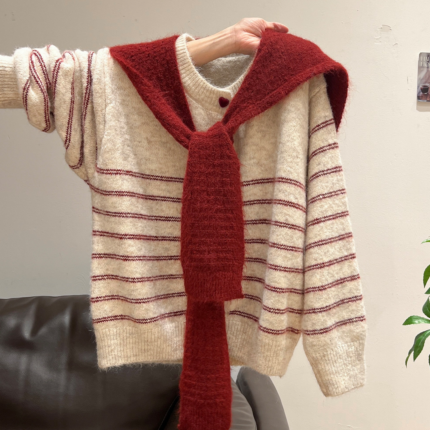 秋冬穿搭条纹披肩加厚毛衣外套女2025年宽松慵懒风开衫两件套上衣