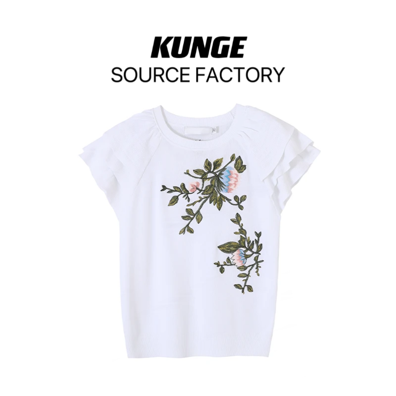 KUNGE-法式圆领针织衫新款刺绣花朵设计感夏款休闲短袖上衣-5524