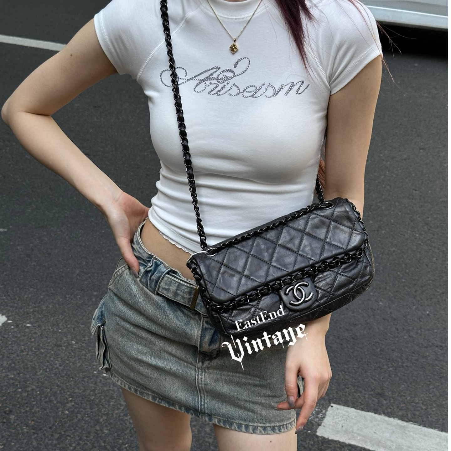 95新 Chanel/香奈儿 東区-枪银色滚边油蜡皮小号cf单肩包/99883