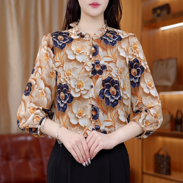 XX-（5D印花）2025早春新款气质显瘦花好月圆新中式上衣F51F32648