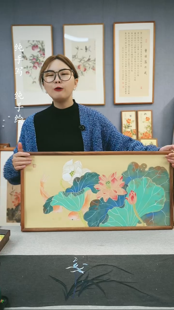 【闪购商品】国画唐以宁-纯手绘带框作品-35*68-荷花