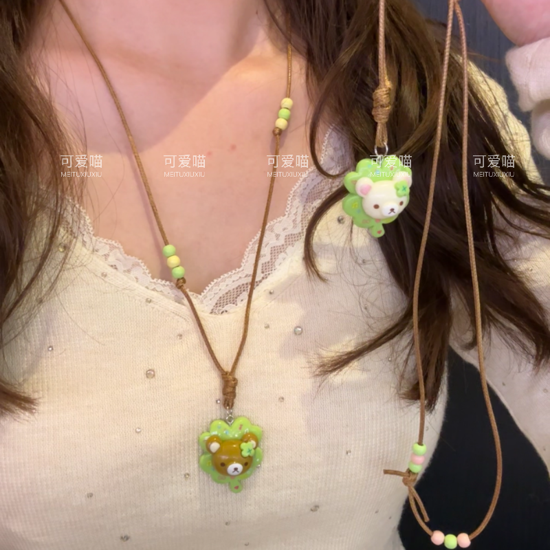 非金属树脂项链 幸运卡通四叶草轻松熊项链甜美少女情侣挂饰礼物