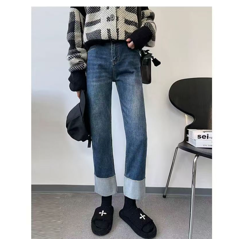 2025春秋季新款翻边卷边弹力牛仔裤高腰小个子修身显瘦烟管裤女