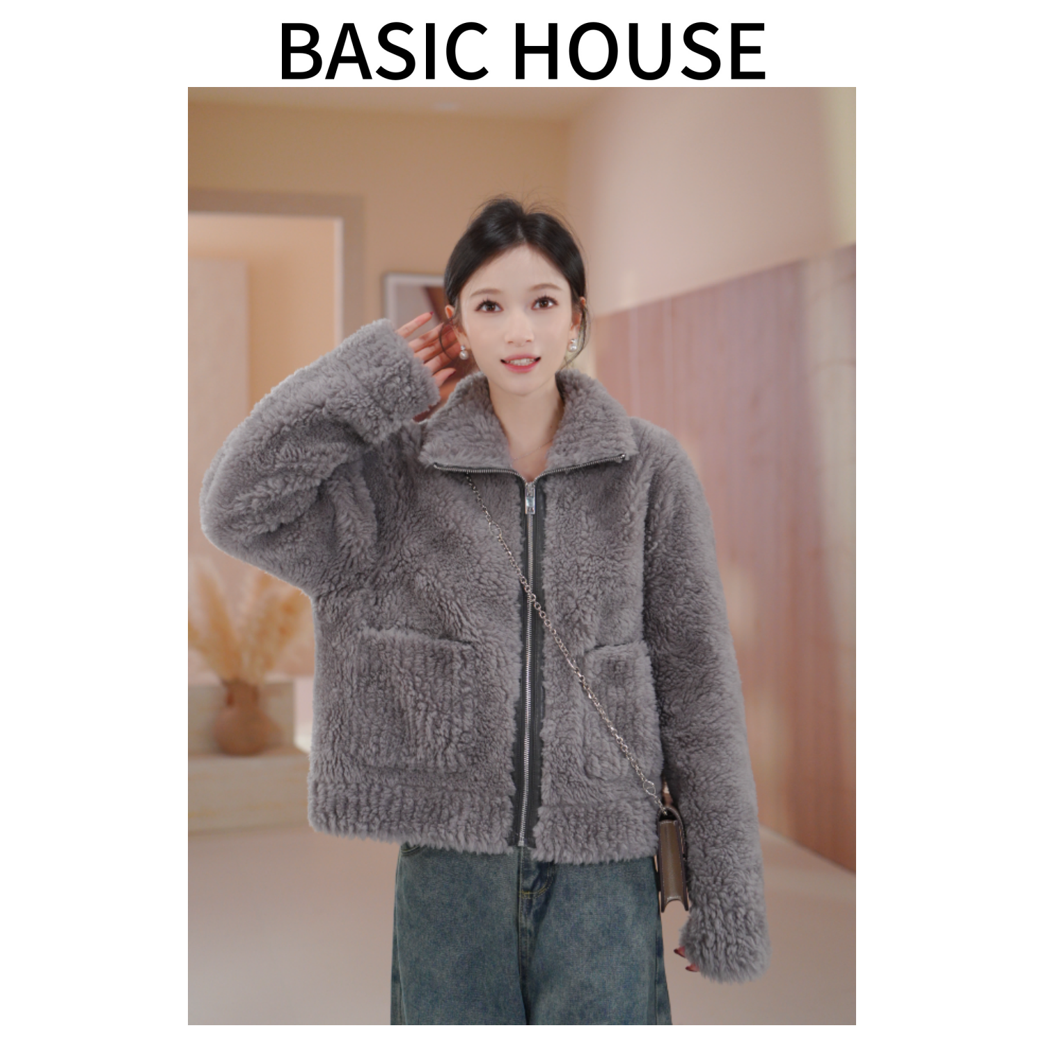 Basic House/百家好新款100羊毛冬季外套高端百搭短款大衣女C