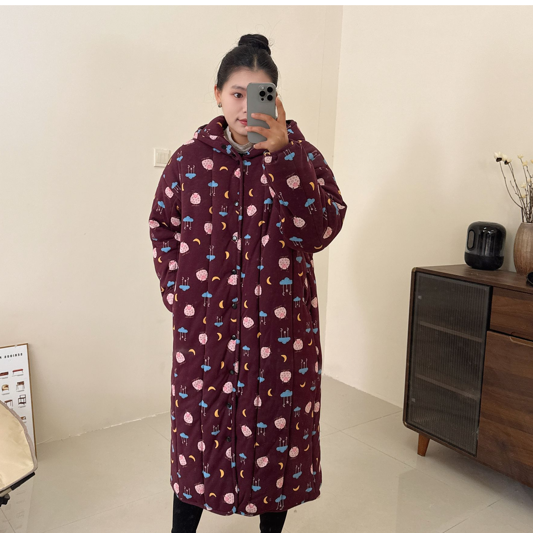 【波尔多小羊】300g新疆棉连帽直筒大长款宽松家居服女保暖棉花衣冬