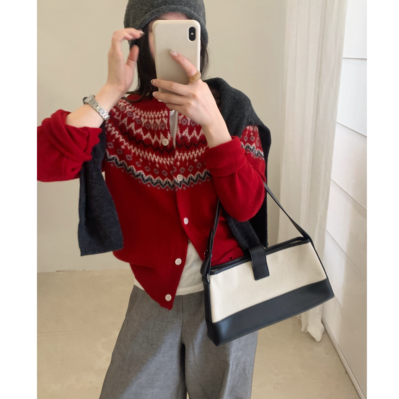 K2478 <浪漫储蓄> 红色费尔岛民族风针织开衫毛衣