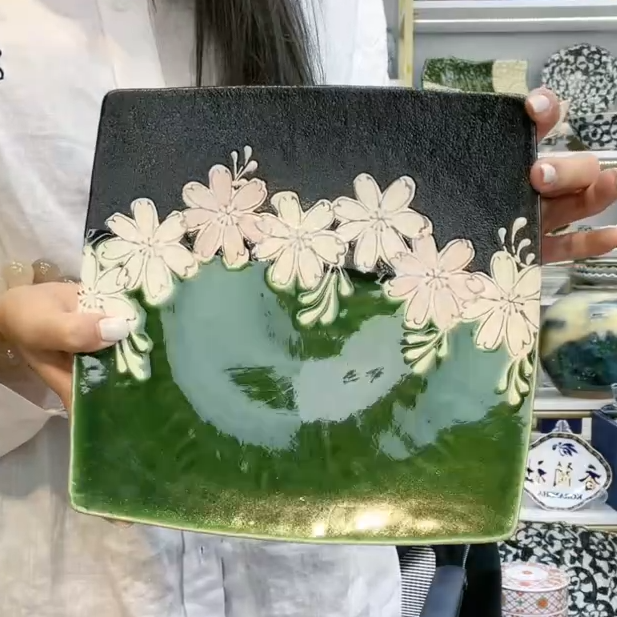 新品三【单支】日本进口灶师窑花见四方盘23.2cm