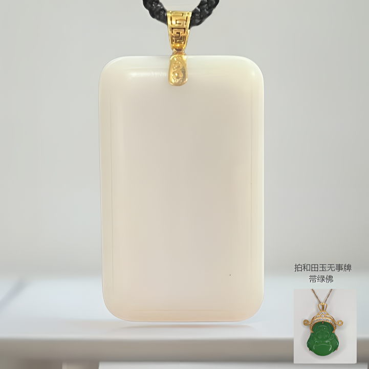 和田玉无事牌  银S925镀金镶嵌  带绿佛 带礼盒  CC