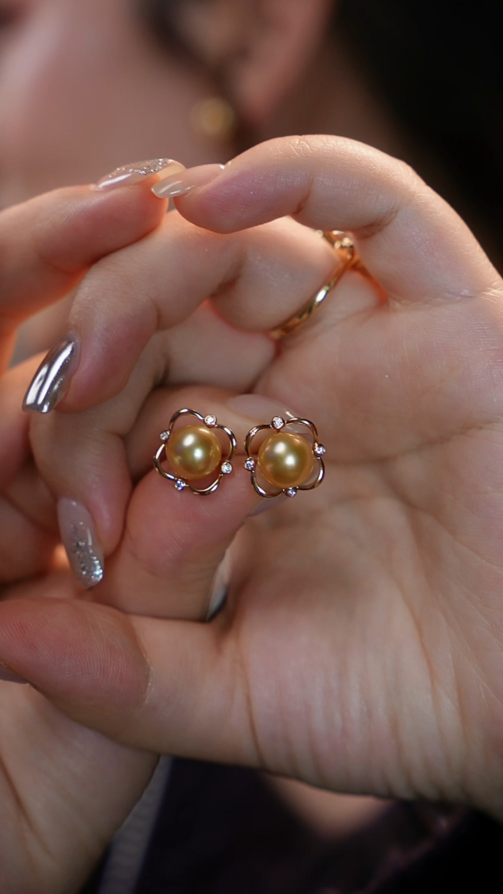 【闪购商品】海水珍珠耳钉18K金镶嵌南洋金珠耳钉9-10mm