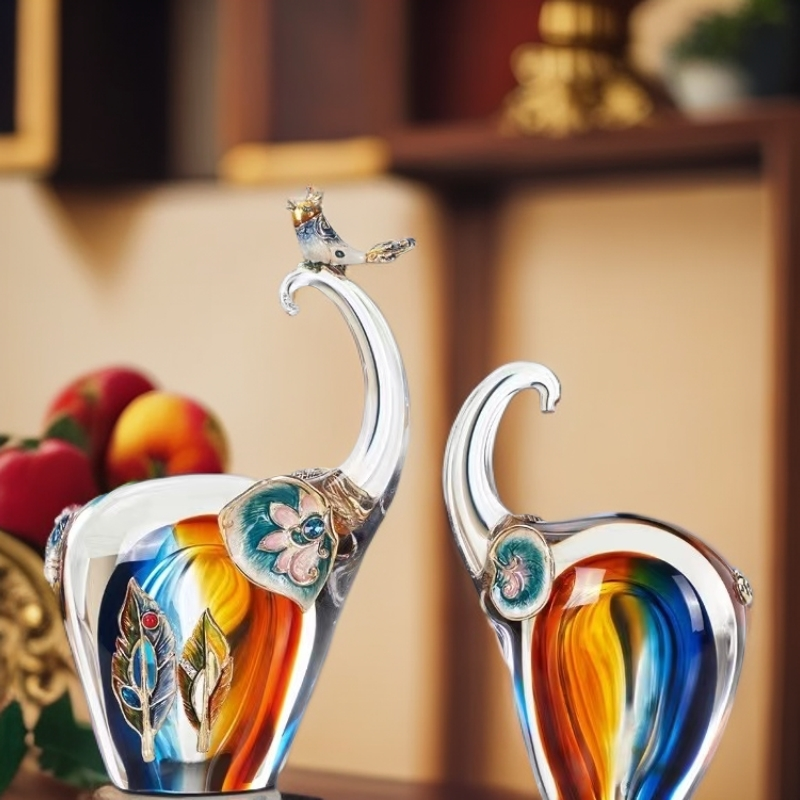 轻奢琉璃水晶大象摆件高档客厅酒柜玄关珐琅彩装饰时尚欧式家用