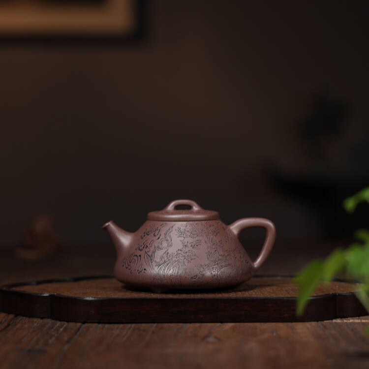 【天青泥•心舟石瓢】刻绘南方增长天王汽修厂自产极精工紫砂壶150CC