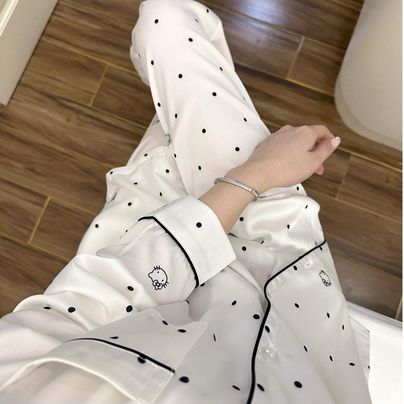 新款冰丝睡衣女款春秋季凯蒂猫波点高级感休闲宽松长袖家居服套装