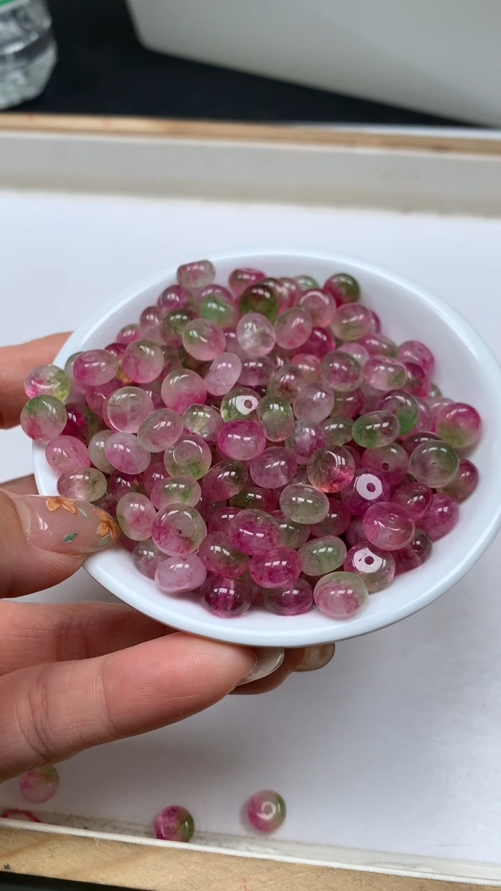 未镶嵌散珠碧玺A1779 西瓜碧玺算盘5*8mm20个6.8元