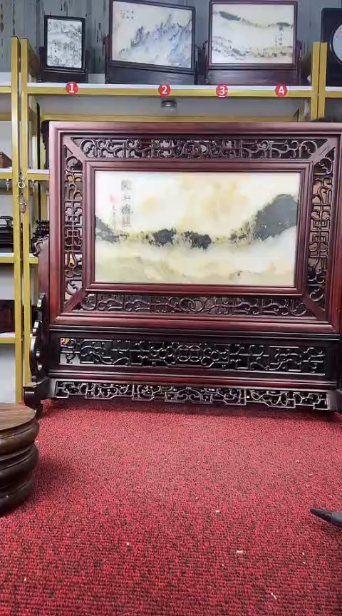 木老*红酸枝巴里黄檀云石台屏41*38*12.5CM