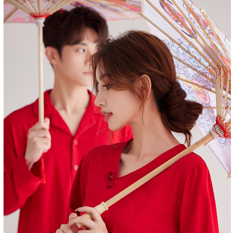 露迪尚品情侣家居服套装棉红色本命年结婚睡衣男女国风C23717-18