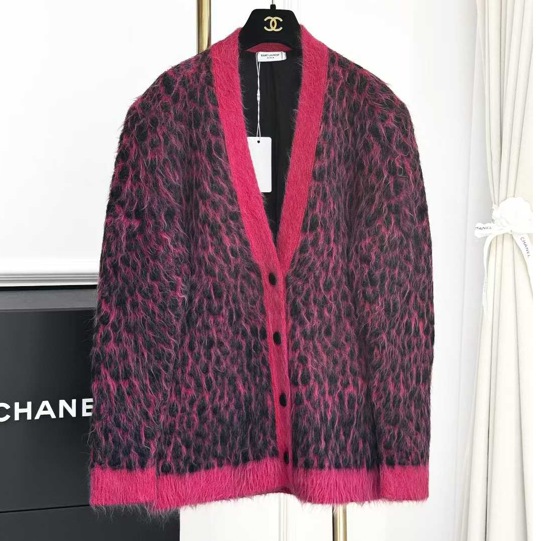 99新 YSL/圣罗兰  XS码粉黑混色豹纹开衫