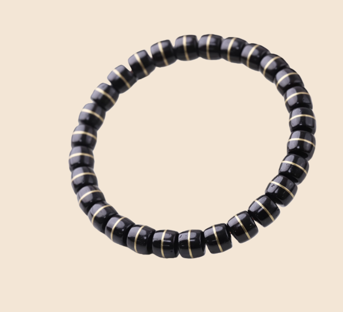 印尼老料椰蒂手串一线药师单圈文玩黑金椰蒂直切镶铜原生态原色