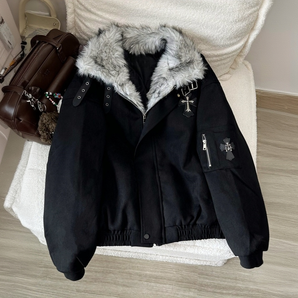 黑色美式复古十字架座山雕外套棉服男女冬季加绒加厚毛领棉衣夹克