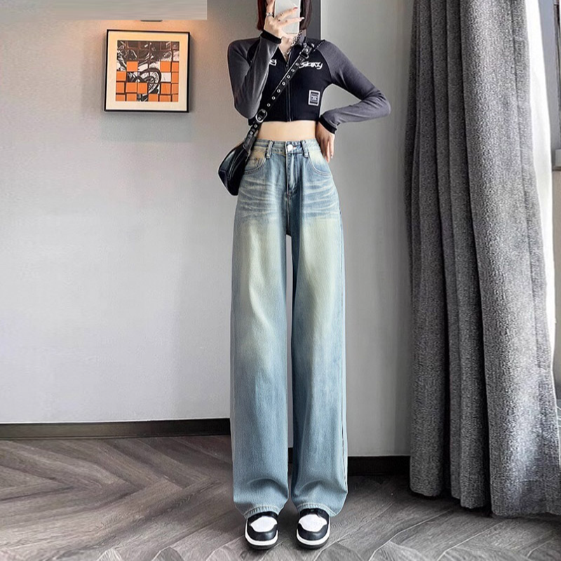 春款阔腿裤复古怀旧垂感拖地裤百搭高街设计感宽松直筒牛仔长裤女